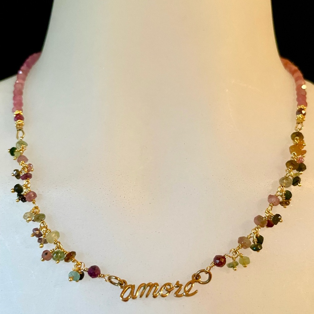 “Amore” 14k gold filled necklace with tourmalines